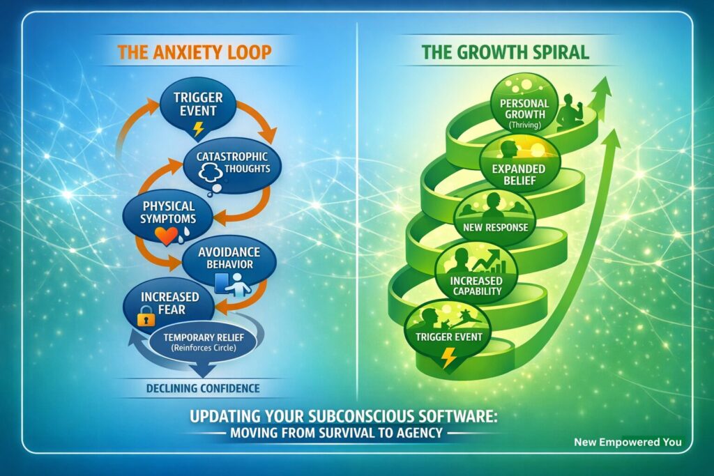 Why Your Brain Thinks You’re Dying (And How to Update the Software) 2 A diagram comparing the self-reinforcing Anxiety Loop to the therapeutic Growth Spiral, used in hypnotherapy to shift from subconscious survival to conscious agency | Why do I feel like I'm dying during a panic attack