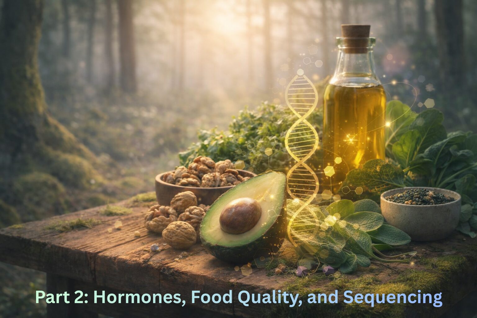 Beyond the Deficit: How Food Sequencing for Weight Loss Changes Your Biology 1 A detailed, rustic wooden table featuring an arrangement of nutrient-dense foods (like vibrant avocados, fresh nuts, olive oil, and leafy greens). | wellbeing blog | new empowered you hypnotherapy | food sequencing for weight loss
