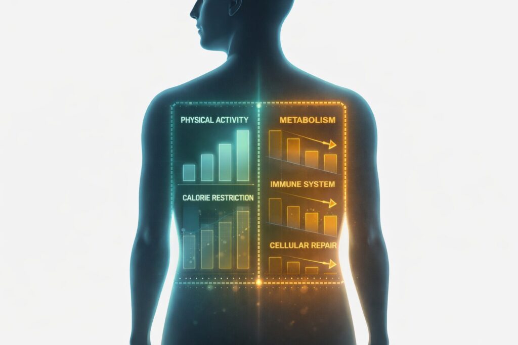 Beyond the Deficit: How Food Sequencing for Weight Loss Changes Your Biology 2 A professional medical infographic showing a human silhouette with a biological dashboard. As sliders for 'Calorie Restriction' and 'Extreme Exercise' rise, the levels for 'Resting Metabolism,' 'Immune Function,' and 'Cellular Repair' automatically drop, illustrating how the body reallocates energy to maintain equilibrium. | food sequencing for weight loss