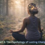 A tranquil digital art piece of a meditating person in a misty forest, with glowing neural pathways around their head, representing the mind-body connection for sustainable weight loss. | wellbeing blog | new empowered you hypnotherapy