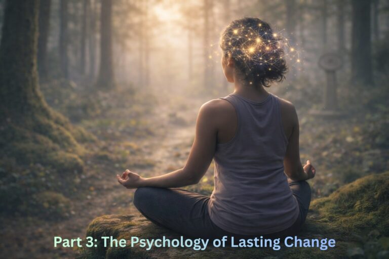 A tranquil digital art piece of a meditating person in a misty forest, with glowing neural pathways around their head, representing the mind-body connection for sustainable weight loss. | wellbeing blog | new empowered you hypnotherapy