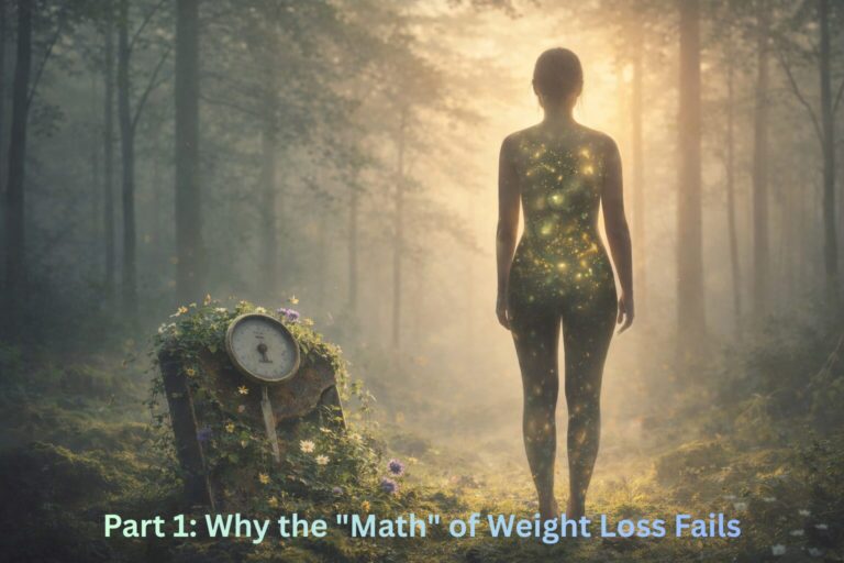 A serene digital art piece of a person standing in a misty forest at dawn. Their silhouette contains glowing organic shapes representing balanced hormones and metabolism, while a rusted weight scale on the mossy ground is being overgrown by wildflowers, symbolising a shift from calorie counting to holistic wellbeing | 3 weigh loss myths | new empowered you hypnotherapy | wellbeing blog