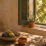 Warm morning light falls across a weathered Mediterranean kitchen table set with a ceramic bowl of figs, a small terracotta cup of water, and a rosemary plant on the sun-lit windowsill.