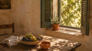 Het warme ochtendlicht valt op een verweerde mediterrane keukentafel gedekt met een keramische kom vijgen, een kleine terracotta beker water en een rozemarijnplant op de zonverlichte vensterbank. | antidepressiva gewichtstoename omkeren