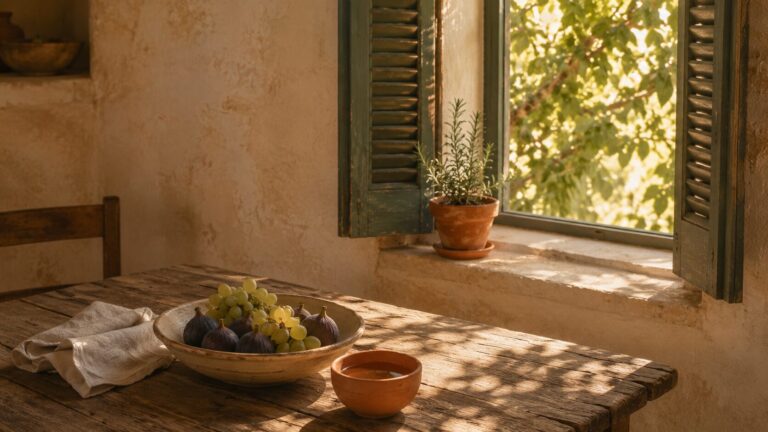When Weight Loss Isn't Just Calories: SSRI-Induced Weight Gain and What the Evidence Actually Shows About Reversing It 7 Warm morning light falls across a weathered Mediterranean kitchen table set with a ceramic bowl of figs, a small terracotta cup of water, and a rosemary plant on the sun-lit windowsill.