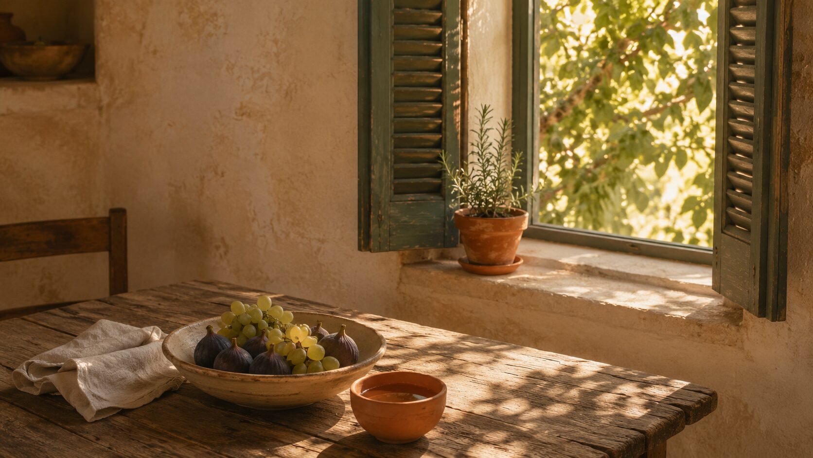 Warm morning light falls across a weathered Mediterranean kitchen table set with a ceramic bowl of figs, a small terracotta cup of water, and a rosemary plant on the sun-lit windowsill.