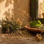 A medical vial or capsule resting among organic, living elements (herbs, seeds, natural materials).