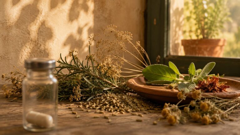 A medical vial or capsule resting among organic, living elements (herbs, seeds, natural materials).