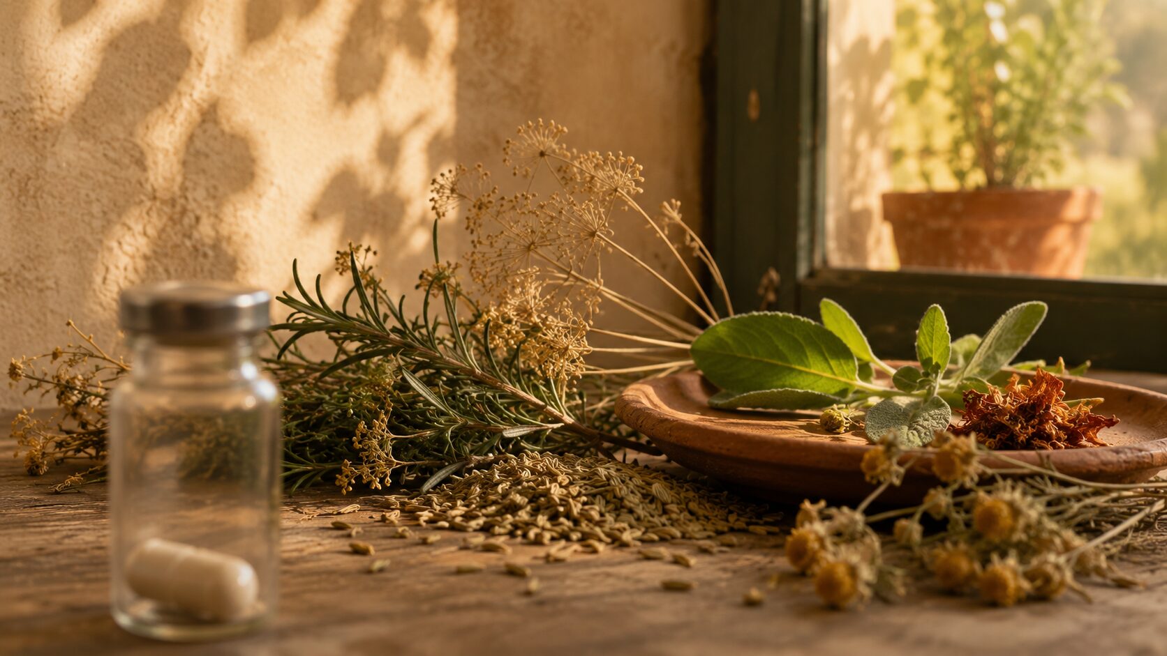 A medical vial or capsule resting among organic, living elements (herbs, seeds, natural materials).