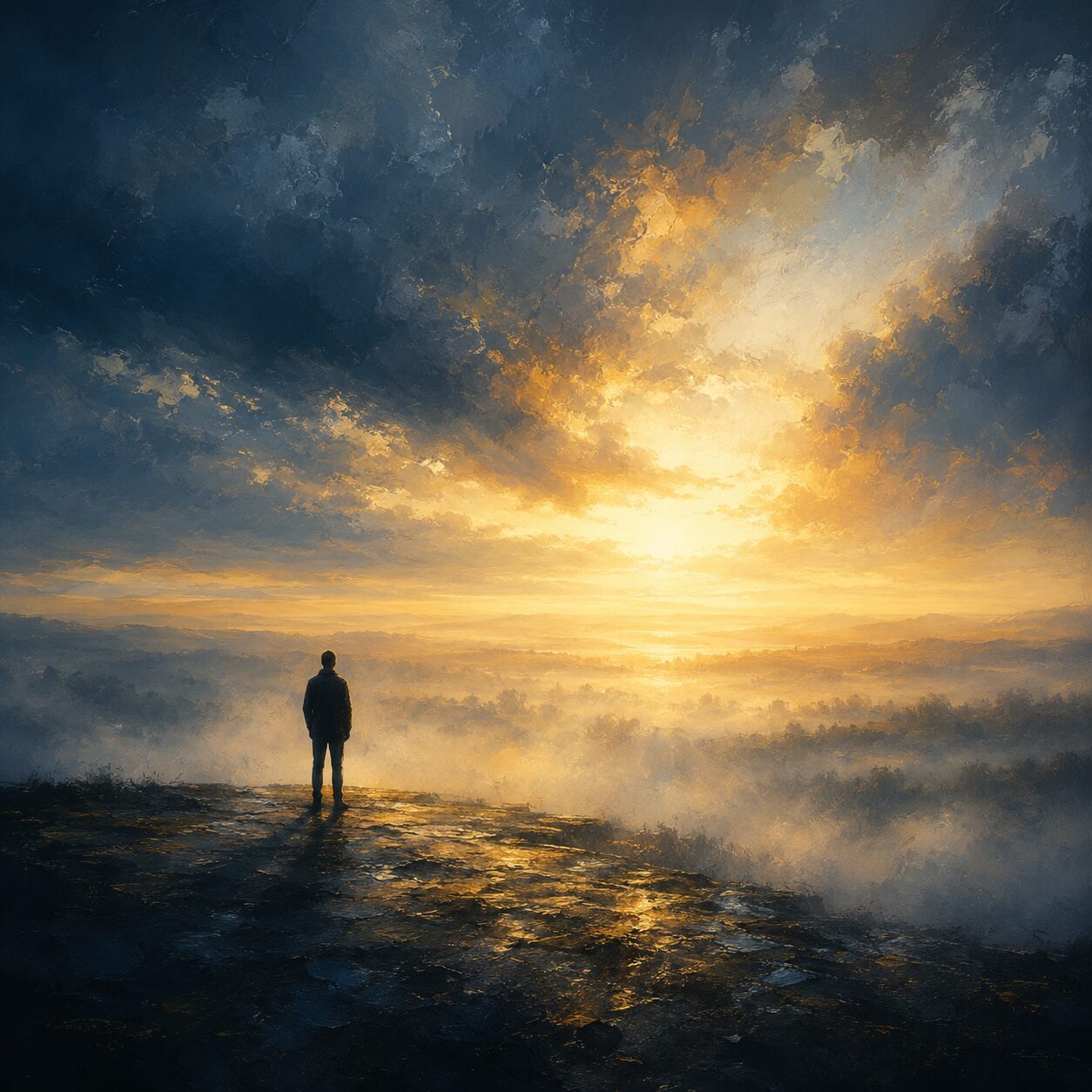 Hypnosis Recordings 3 A figure standing before a luminous horizon, symbolising clarity and forward momentum