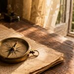 An antique brass compass resting open on aged handwritten notes on a warm wooden desk surface, soft golden afternoon light from a window with sheer curtains, editorial photograph in warm cream and terracotta tones | wellbeing blog