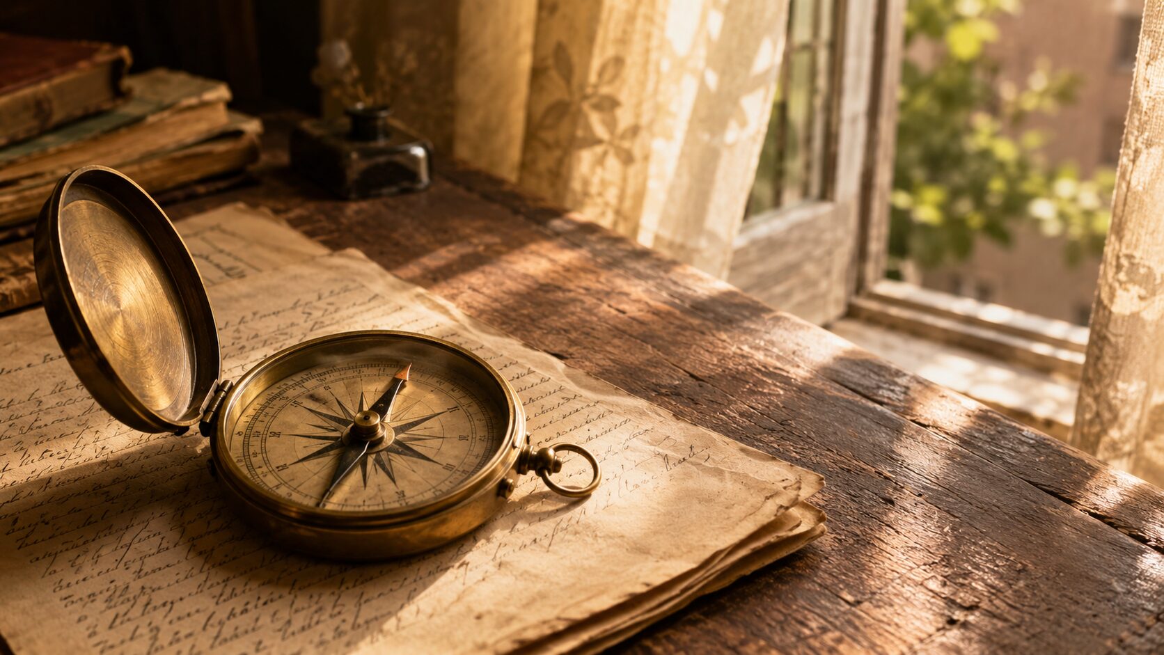 An antique brass compass resting open on aged handwritten notes on a warm wooden desk surface, soft golden afternoon light from a window with sheer curtains, editorial photograph in warm cream and terracotta tones | wellbeing blog