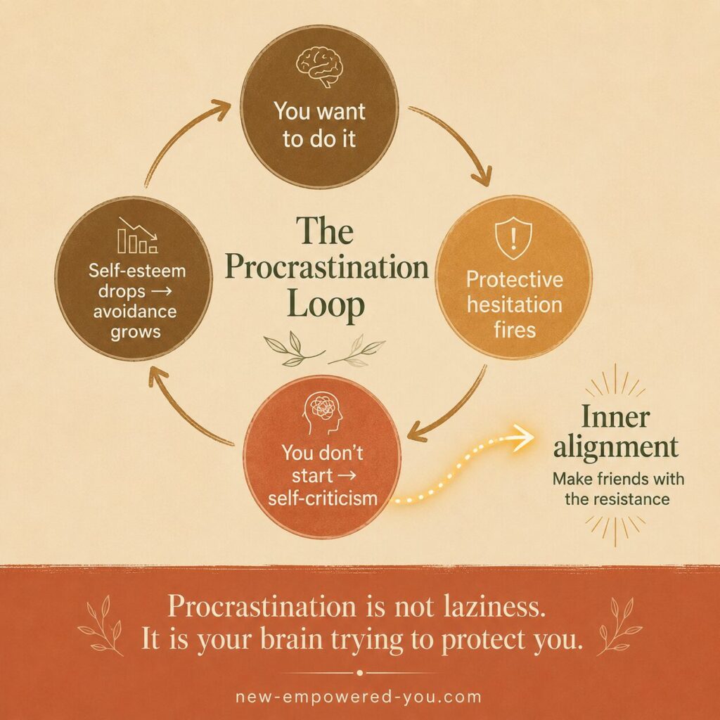 Why do I procrastinate even when I want to do it? 2 why do I procrastinate | Infographic titled "The procrastination loop" showing the cycle from intention to hesitation to self-criticism to lower self-esteem and back to avoidance, with a break-out path labelled "inner alignment." | wellbeing blog