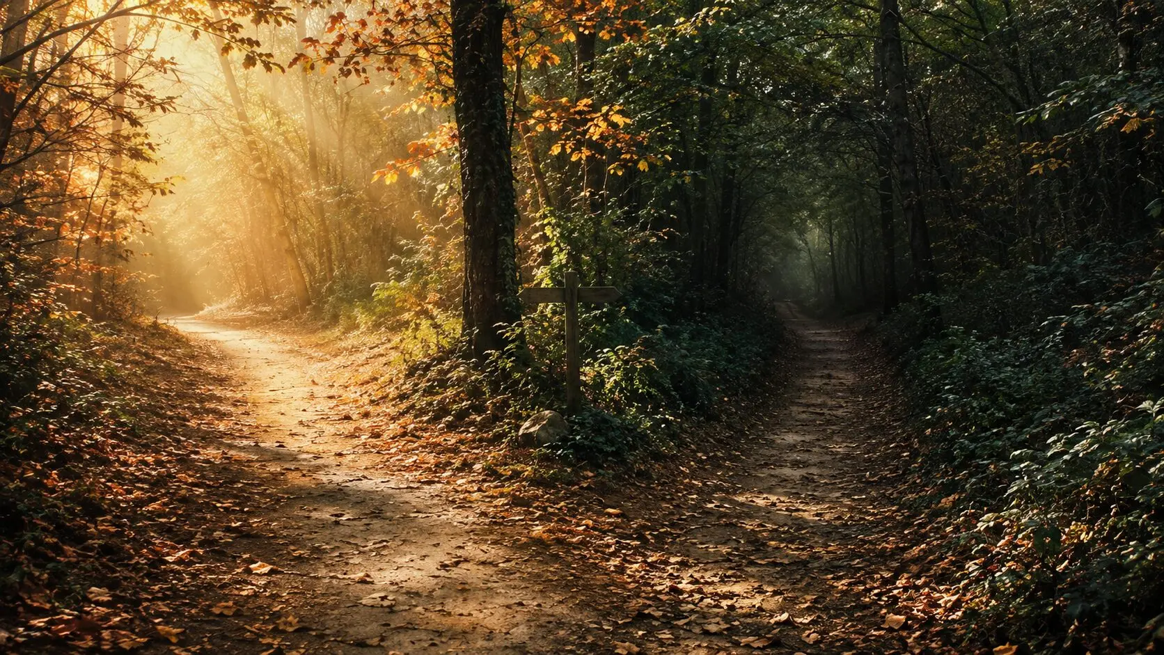 Home 17 why do I procrastinate | A path through an autumn forest that splits into two directions — one clear and sunlit, one shadowed and overgrown — representing the brain's conflict between action and protective avoidance. | wellbeing blog