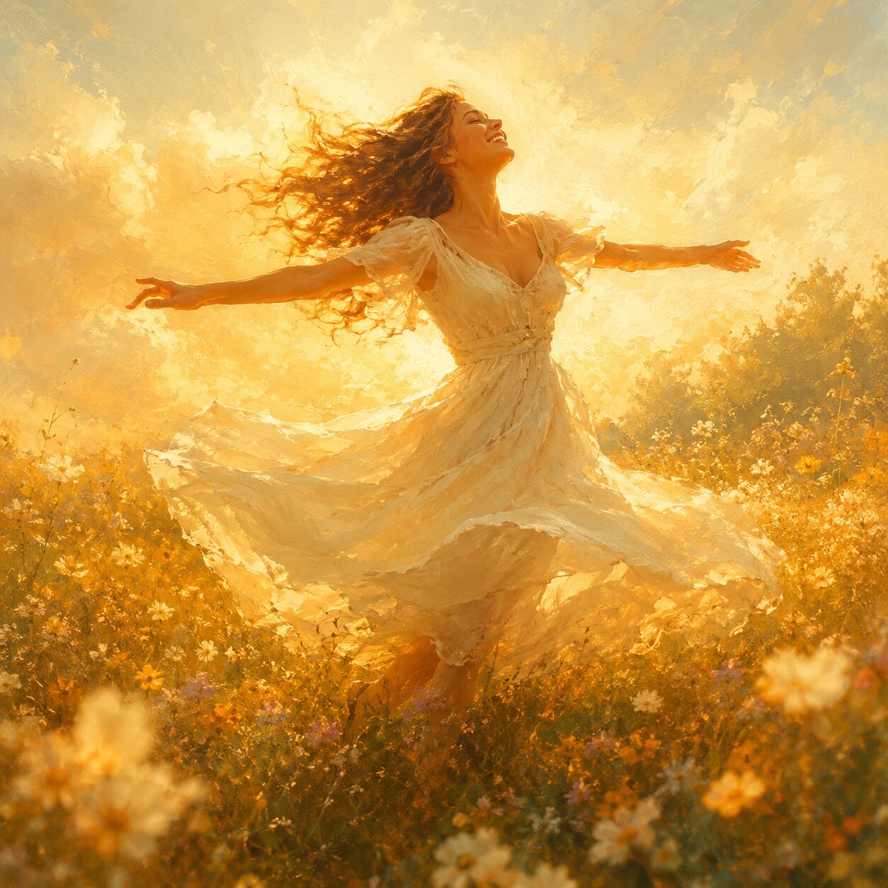 Hypnosis Recordings 4 A woman spinning freely in golden light, evoking joy, ease, and inner vitality