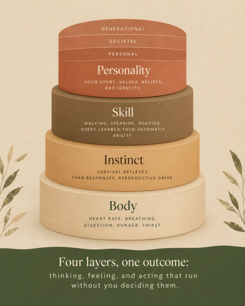 Diagram of the four layers of automatic behavior: body, instinct, skill, and personality. | is free will an illusion | new empowered you hypnotherapy the hague wassenaar online