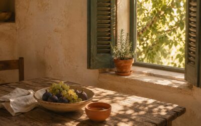 Warm morning light falls across a weathered Mediterranean kitchen table set with a ceramic bowl of figs, a small terracotta cup of water, and a rosemary plant on the sun-lit windowsill.