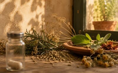 A medical vial or capsule resting among organic, living elements (herbs, seeds, natural materials).