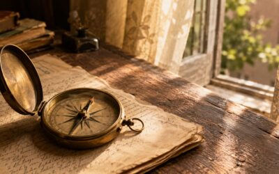 An antique brass compass resting open on aged handwritten notes on a warm wooden desk surface, soft golden afternoon light from a window with sheer curtains, editorial photograph in warm cream and terracotta tones | wellbeing blog