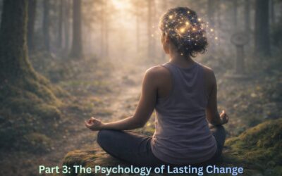 A tranquil digital art piece of a meditating person in a misty forest, with glowing neural pathways around their head, representing the mind-body connection for sustainable weight loss. | wellbeing blog | new empowered you hypnotherapy