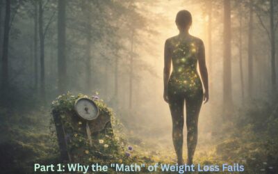 A serene digital art piece of a person standing in a misty forest at dawn. Their silhouette contains glowing organic shapes representing balanced hormones and metabolism, while a rusted weight scale on the mossy ground is being overgrown by wildflowers, symbolising a shift from calorie counting to holistic wellbeing | 3 weigh loss myths | new empowered you hypnotherapy | wellbeing blog
